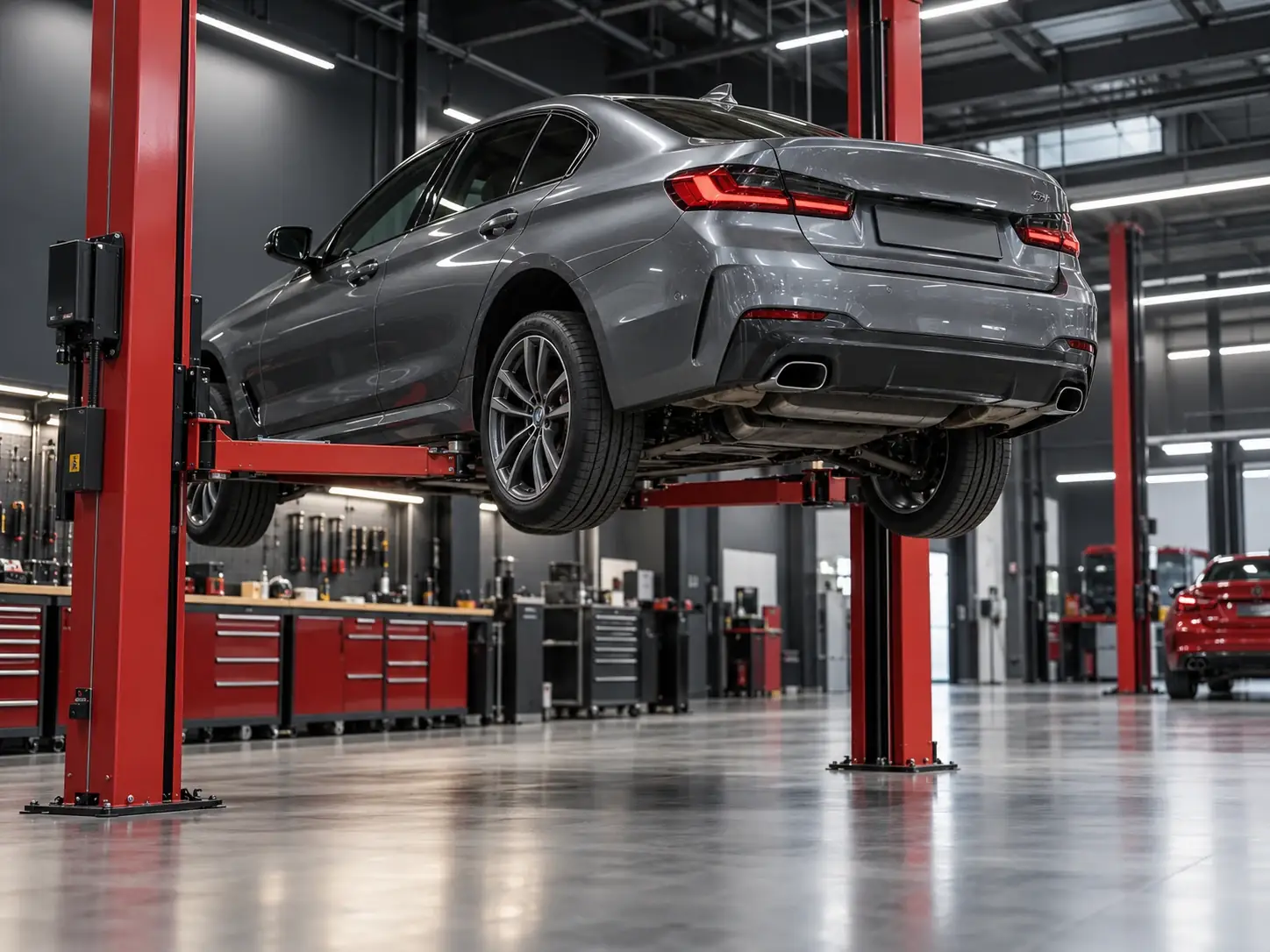 metallic-grey vehicle elevated on a workshop hoist, not a photograph of Fyshvick Body Works facilities