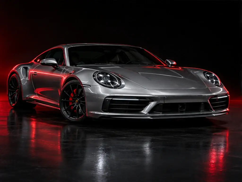 metallic-grey performance vehicle silhouette with red reflections