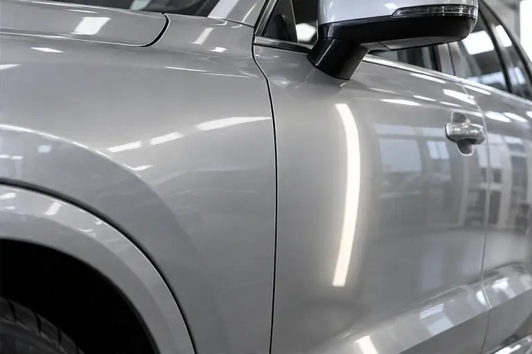 silver vehicle panel with a smooth restored surface