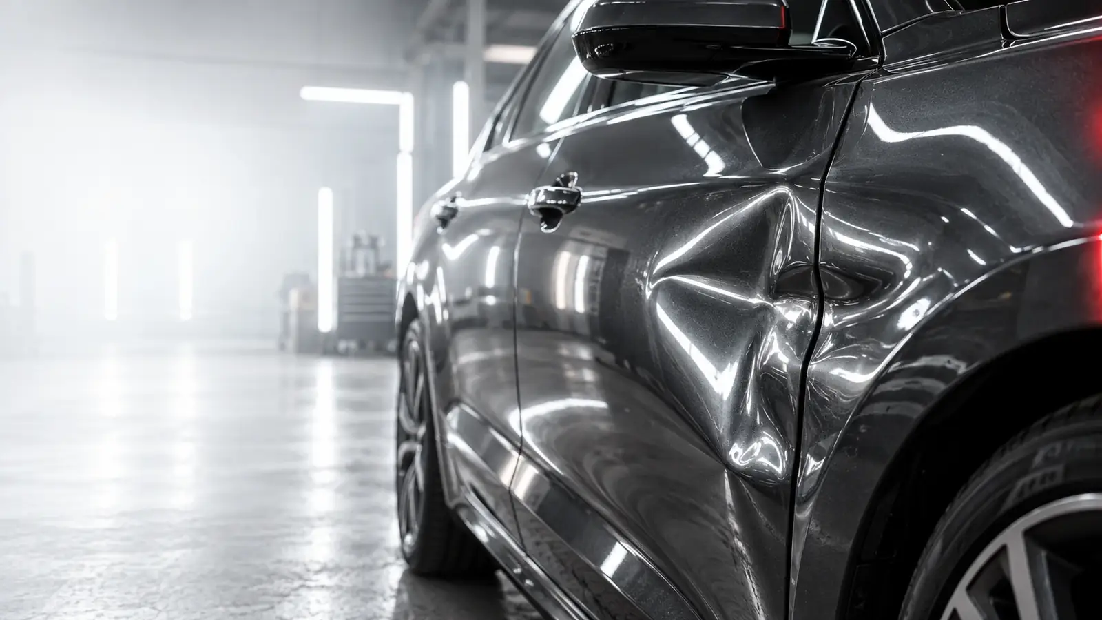 dark metallic vehicle with visible dent damage in an automotive workshop