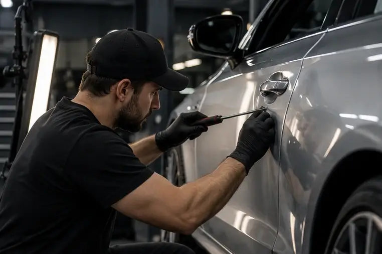 body repair technician examining a vehicle panel
