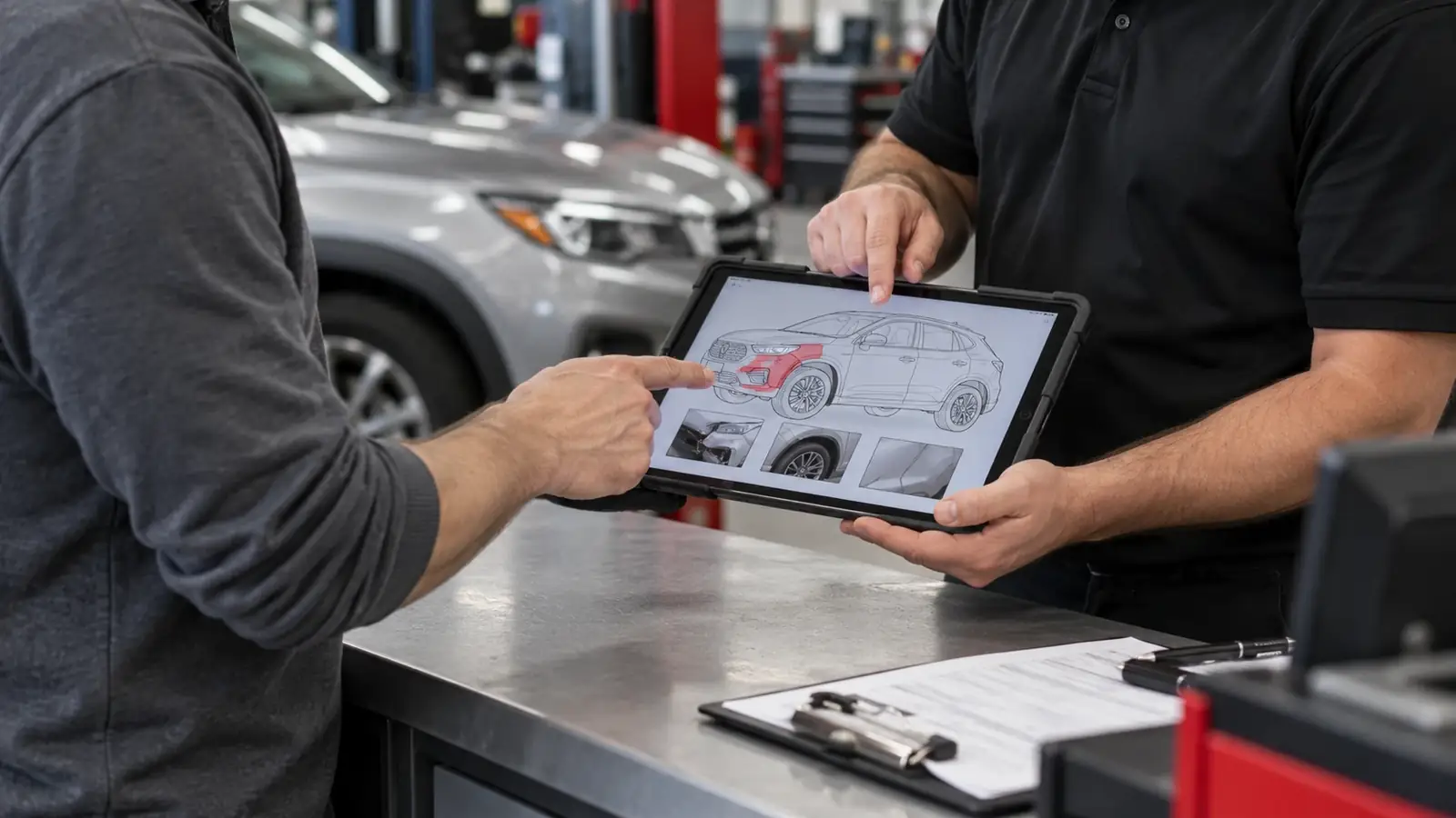 customer and service adviser discussing vehicle damage on a tablet