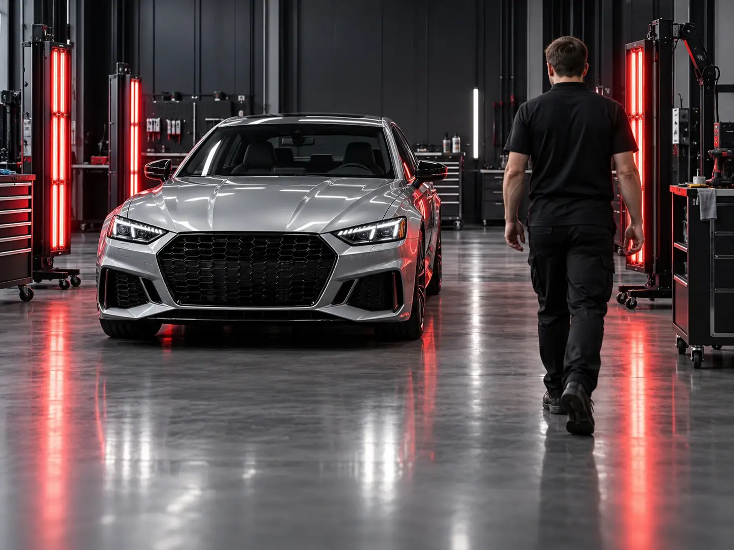 silver car and technician in a dark workshop with vertical red inspection lights