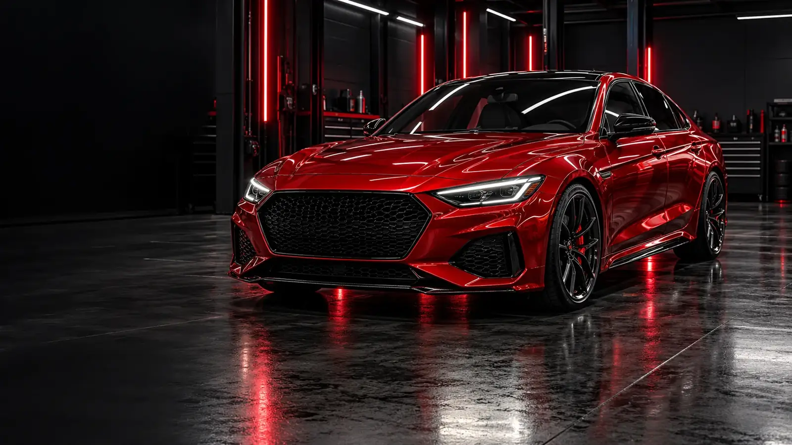red performance sedan in a dark workshop