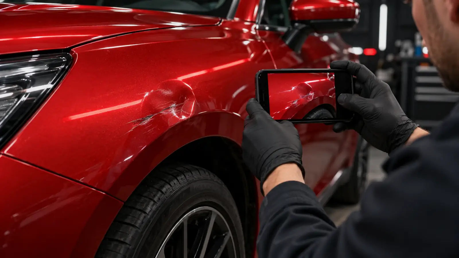 technician photographing existing damage on a red vehicle panel beside an inspection light