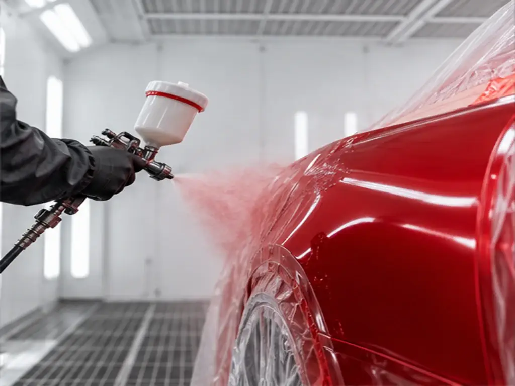 automotive painting work on a red vehicle panel
