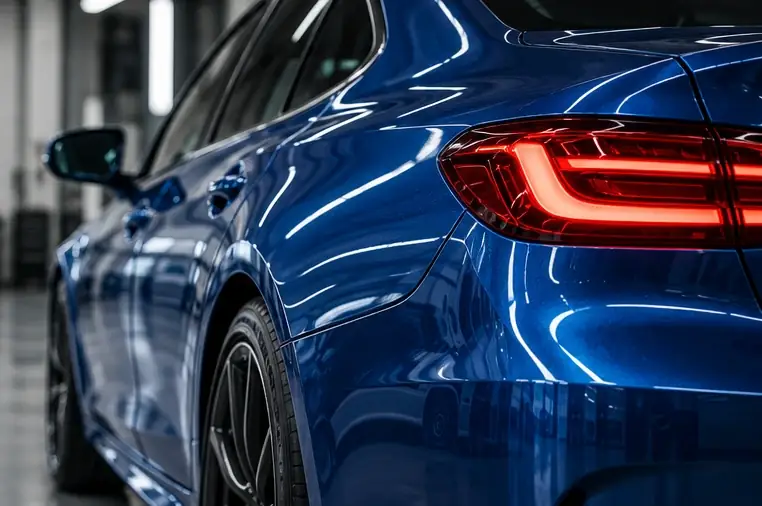 blue automotive rear quarter under workshop lighting