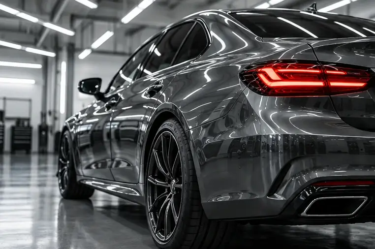 metallic-grey vehicle rear quarter with glossy reflections and red tail lights in a modern workshop