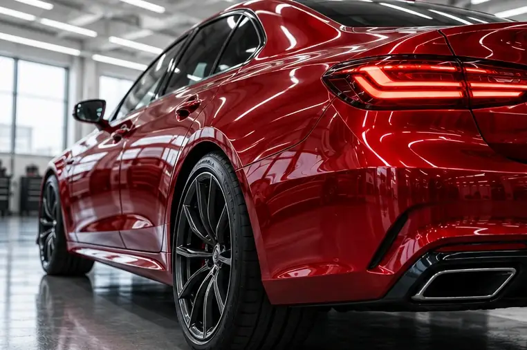 glossy red vehicle rear quarter with illuminated tail lights
