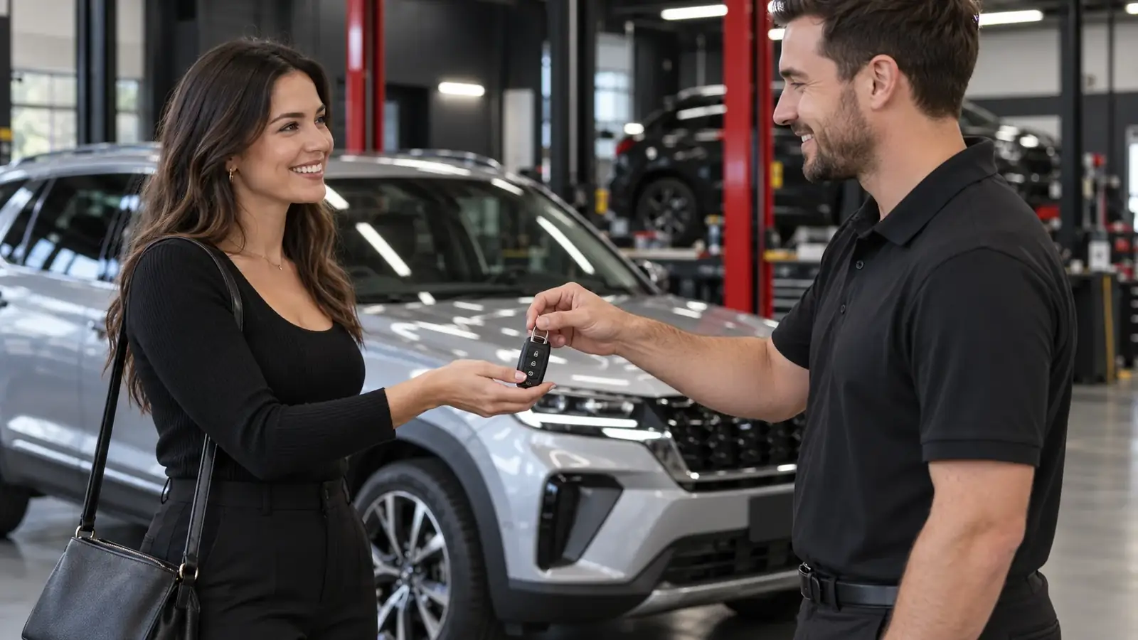 customer receiving car keys beside a modern vehicle