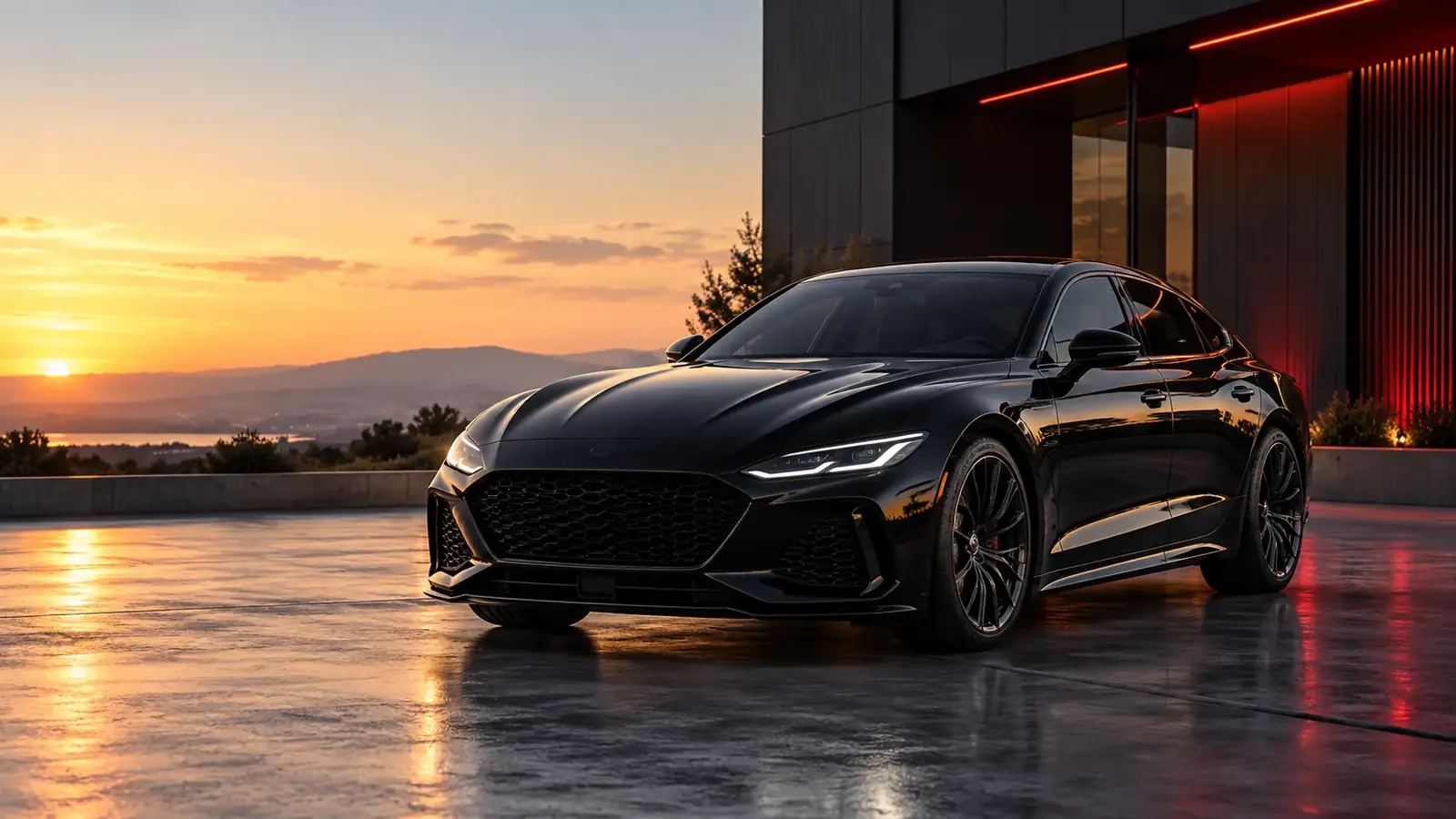 glossy black premium sedan outside a modern automotive facility at dusk