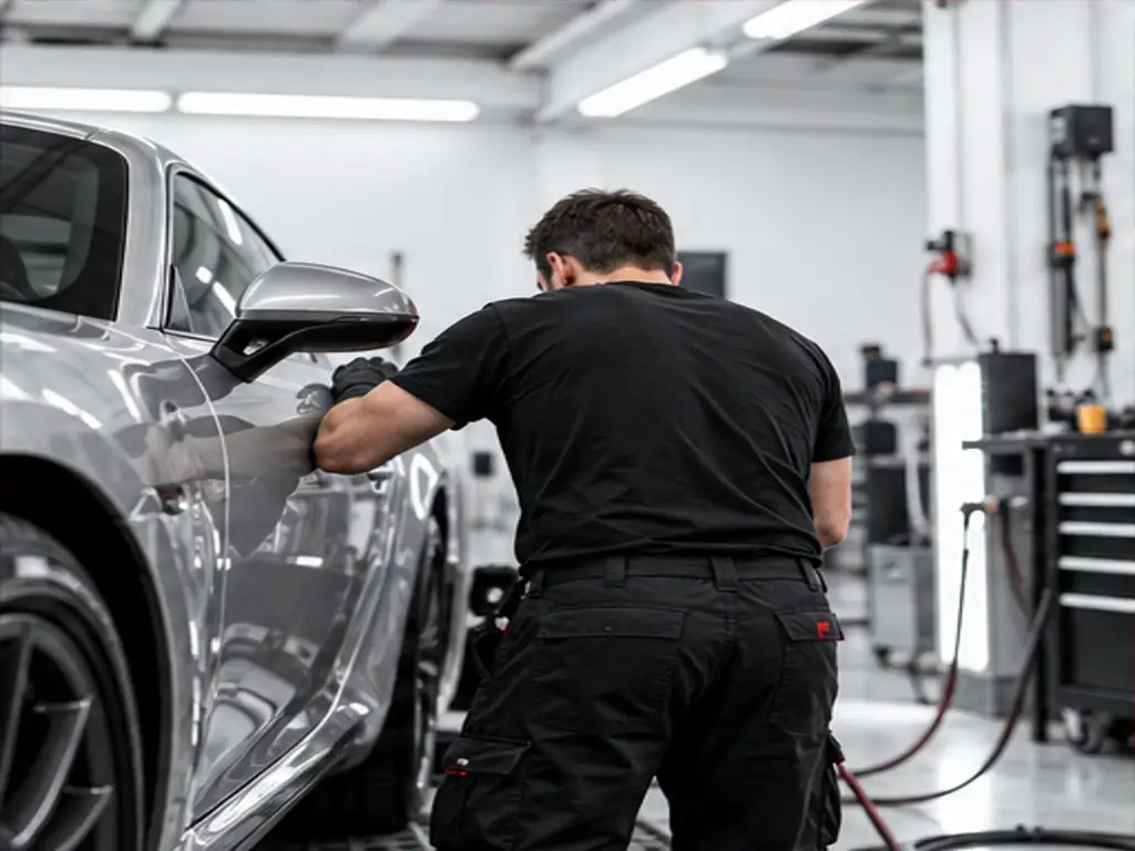 technician examining a silver vehicle body panel
