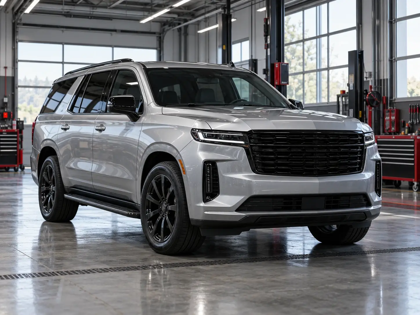 metallic-silver SUV in a modern workshop